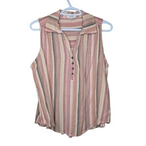 Maurices 0X Striped Pink Beige Tan 1/4 Button Collared Tank Top Blouse